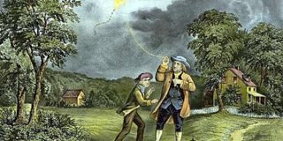 Ο Βενιαμίν Φραγκλίνος και το διάσημο πείραμα με τον χαρταετό σε πίνακα ζωγραφικής