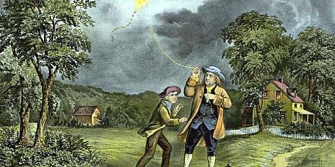 Ο Βενιαμίν Φραγκλίνος και το διάσημο πείραμα με τον χαρταετό σε πίνακα ζωγραφικής