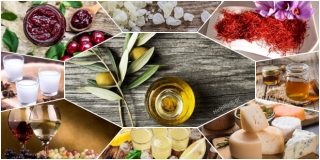 Παραδοσιακά Ελληνικά προϊόντα. Ελαιόλαδο, τυριά, κρασί, ούζο, μέλι, κρόκος Κοζάνης, γλυκά του κουταλιού, παραδοσιακά ηδύποτα