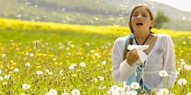 Γυναίκα που υποφέρει από αλλεργική ρινίτιδα φταρνίζεται την άνοιξη σε λιβάδι γεμάτο με ανθισμένα λουλούδια