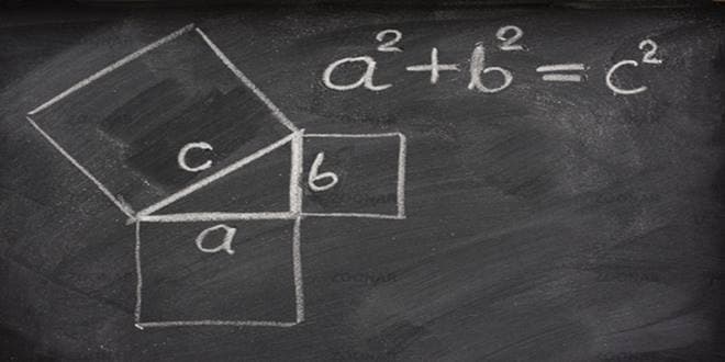Εξίσωση σε μαυροπίνακα για το Πυθαγόρειο θεώρημα (Pythagorean Theorem) παραπέμπει στο γεωμετρικό σχήμα Ορθογώνιο τρίγωνο