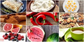 Γιαούρτι, ψάρι, κανέλα, καυτερές πιπεριές, πράσινο τσάι, αυγά, μούρα, καρπούζι, ξηροί καρποί, γκρέιπφρουτ Λιποδιαλυτική δράση