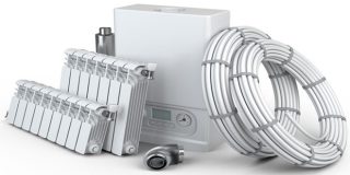 Λέβητας αερίου μαζί με σώματα και σωληνώσεις καλοριφέρ