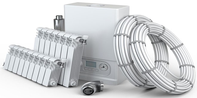 Λέβητας αερίου μαζί με σώματα και σωληνώσεις καλοριφέρ