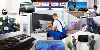 Τηλεόραση - Collage με εγκατάσταση - τοποθέτηση TV. Ηλεκτρονικός για επισκευή, βλάβη, service