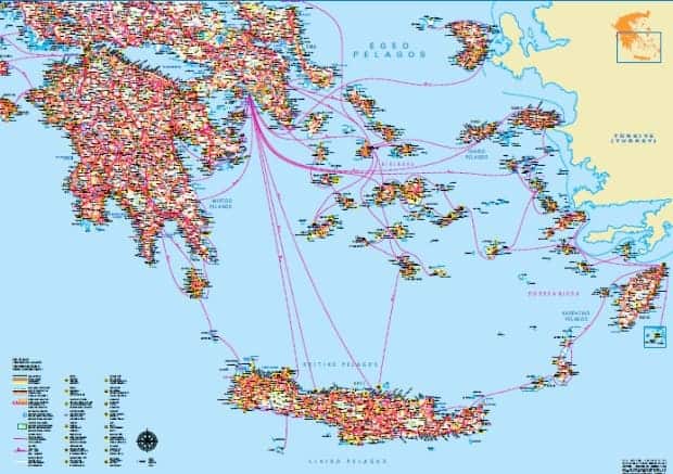Χάρτης Νότιας Ελλάδας (Πελοπόννησος, Κρήτη, Κυκλάδες, Δωδεκάνησα). Τουριστικός χάρτης ● Download South Greece Map